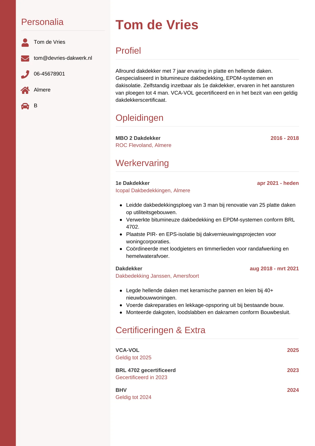 Voorbeeld CV voor dakdekker in template Verticaal. CV Verticaal voor dakdekker