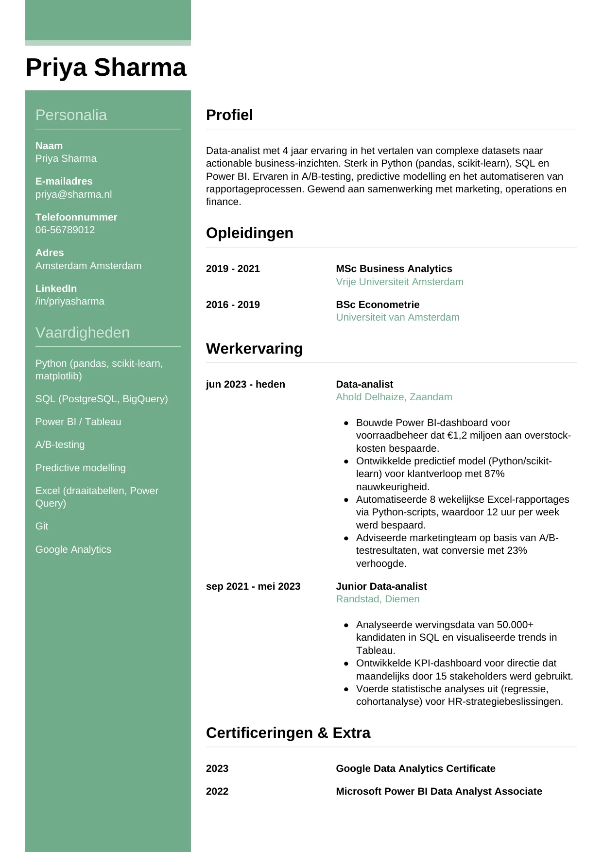 Voorbeeld CV voor data-analist in template Casual. CV Casual voor data-analist
