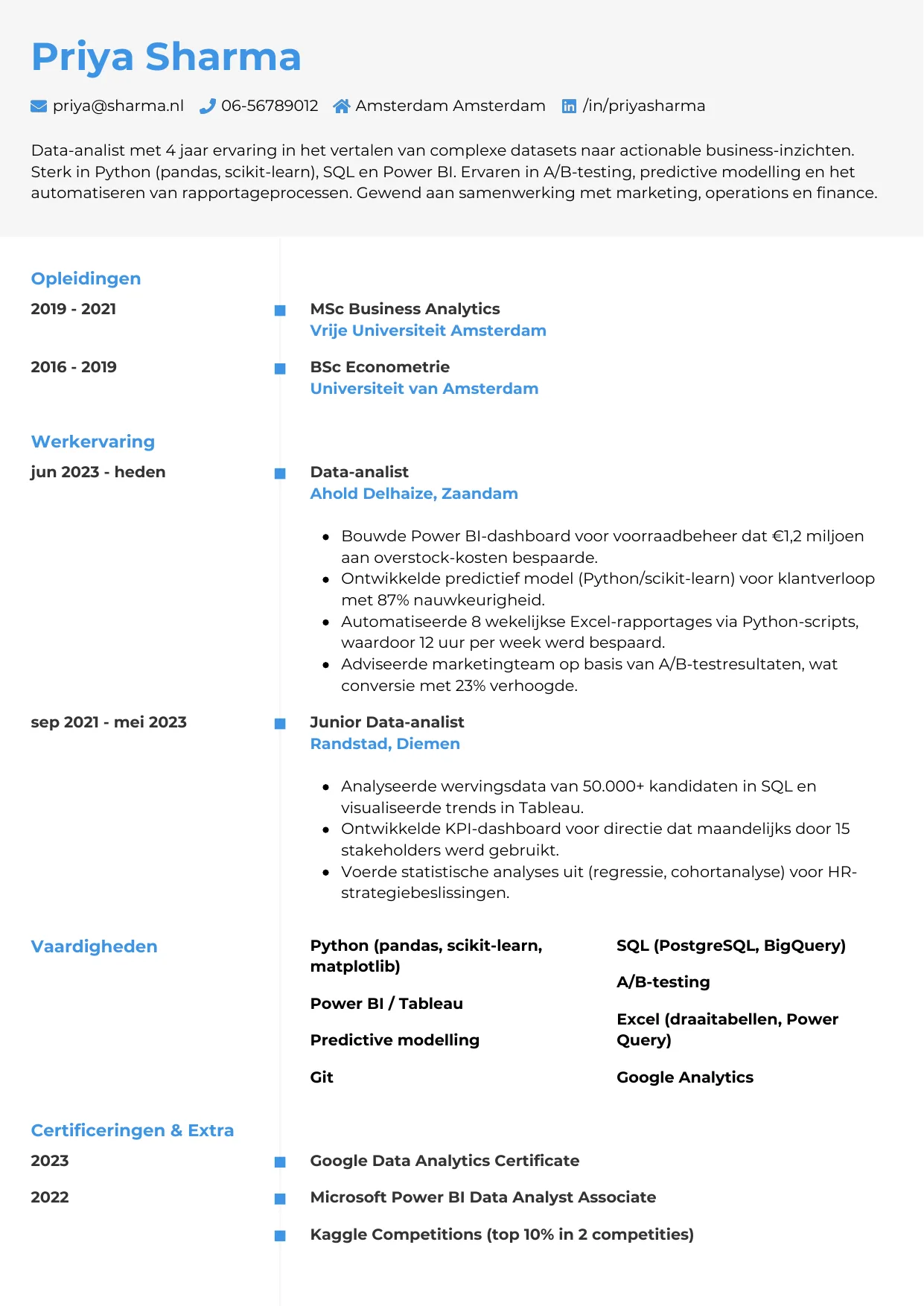Voorbeeld CV voor data-analist in template Chrono. CV Chrono voor data-analist