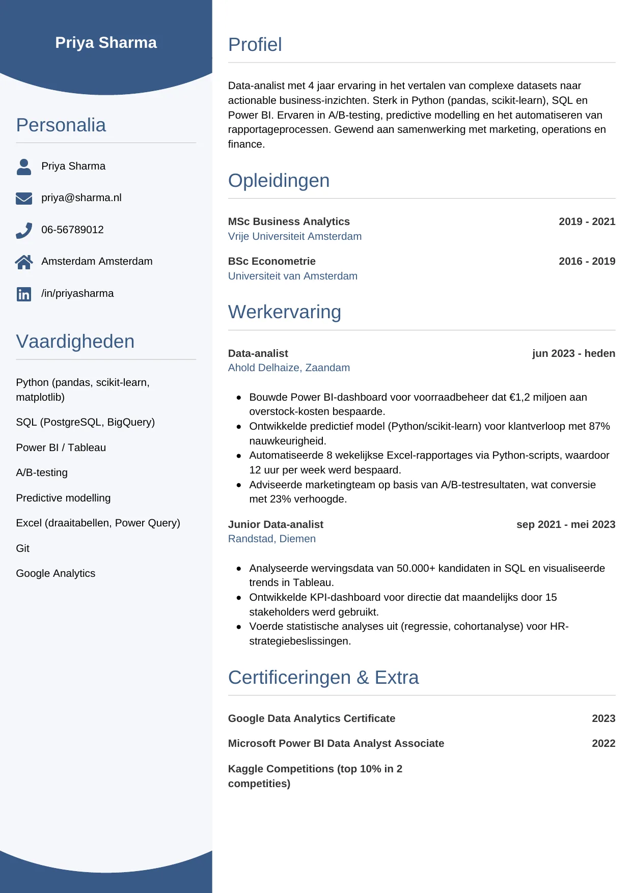 Voorbeeld CV voor data-analist in template Circulair. CV Circulair voor data-analist