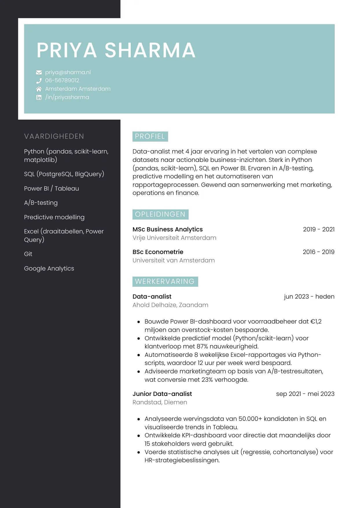 Voorbeeld CV voor data-analist in template Elegant. CV Elegant voor data-analist