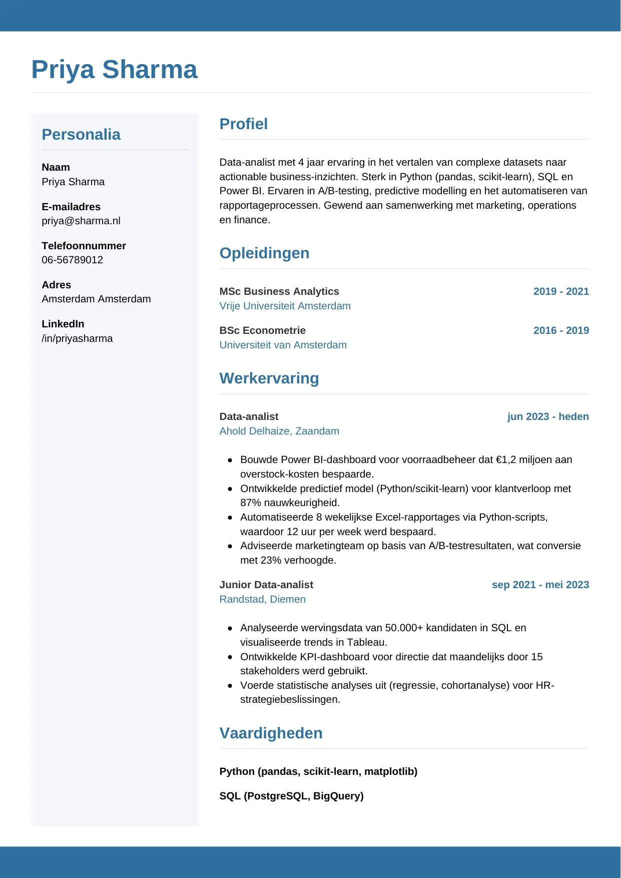 Voorbeeld CV voor data-analist in template Horizontaal. CV Horizontaal voor data-analist