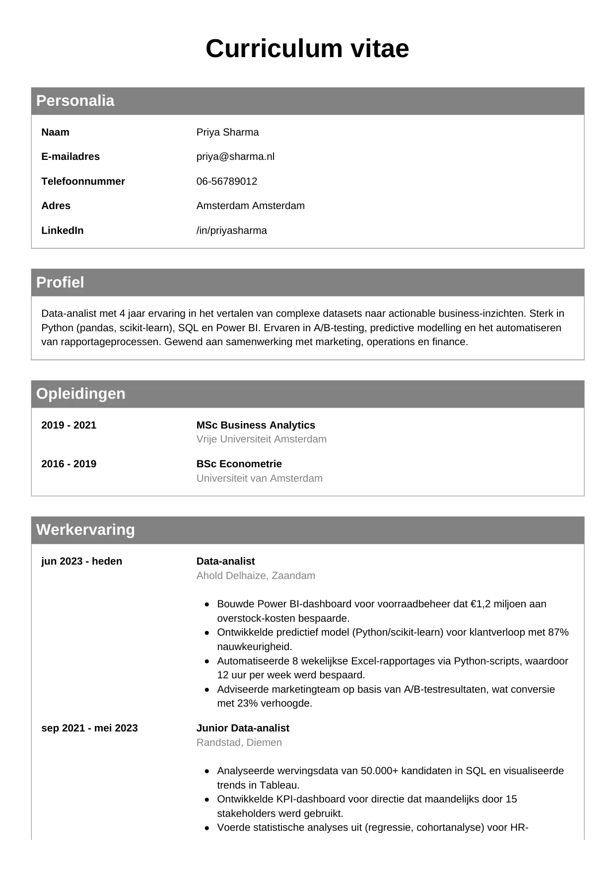 Voorbeeld CV voor data-analist in template Klassiek. CV Klassiek voor data-analist