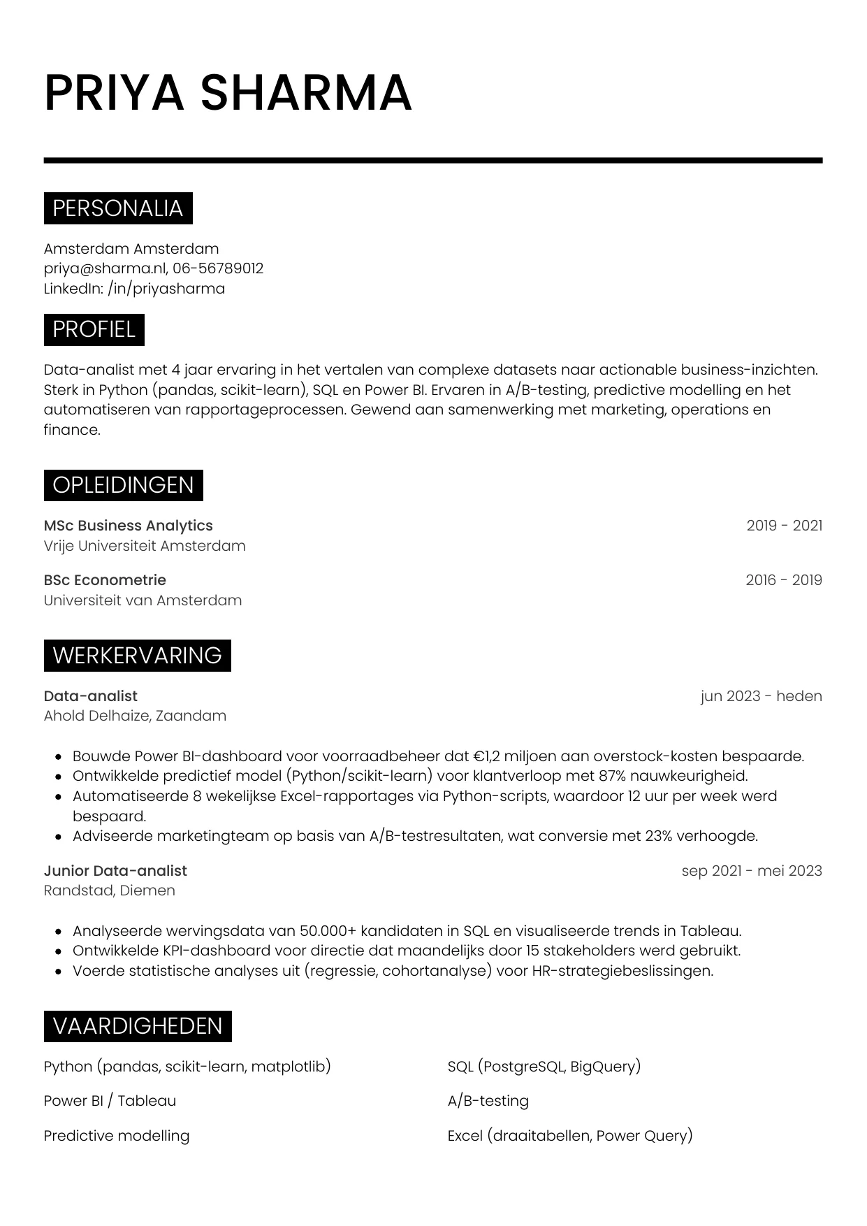 Voorbeeld CV voor data-analist in template Metro. CV Metro voor data-analist