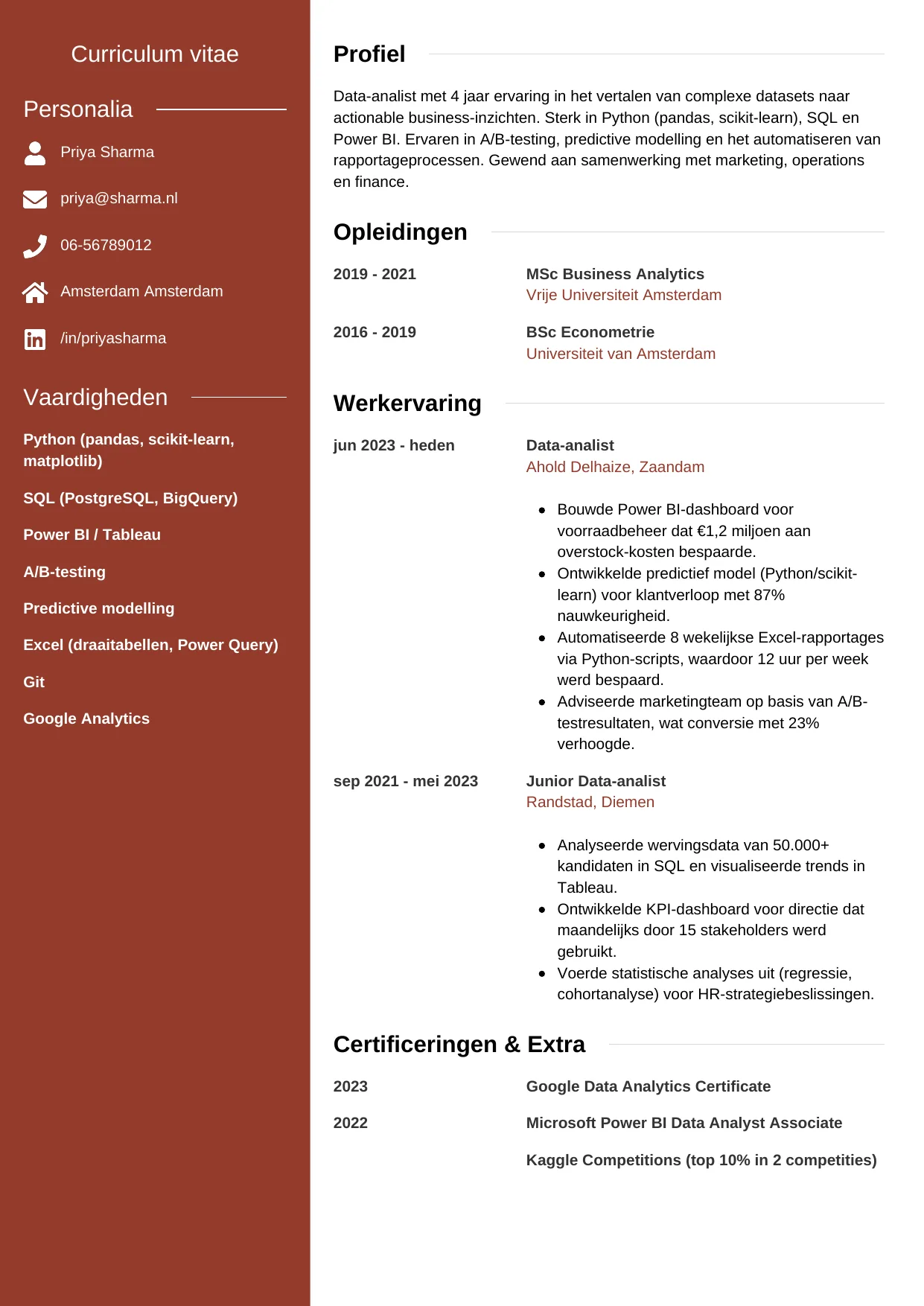 Voorbeeld CV voor data-analist in template Modern. CV Modern voor data-analist