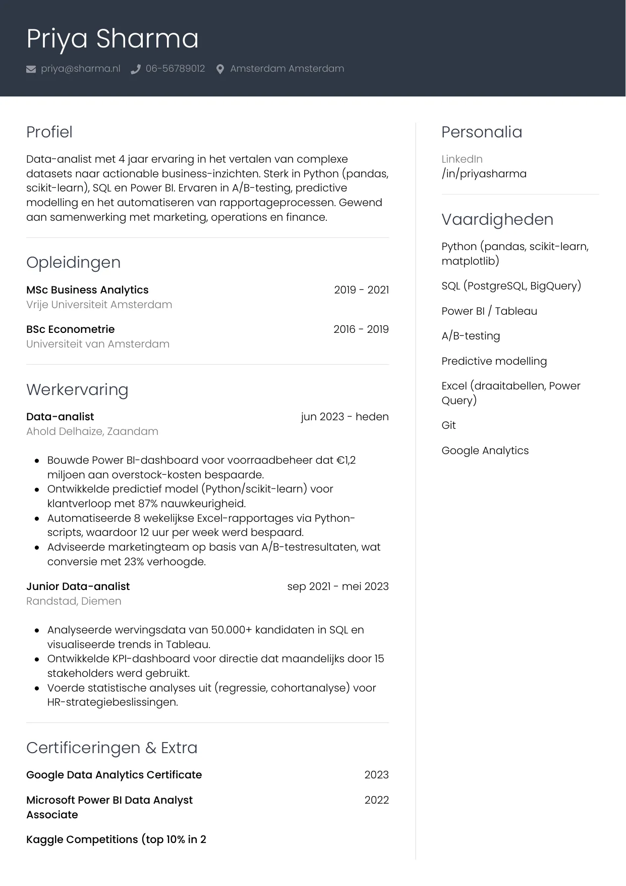 Voorbeeld CV voor data-analist in template Professioneel. CV Professioneel voor data-analist