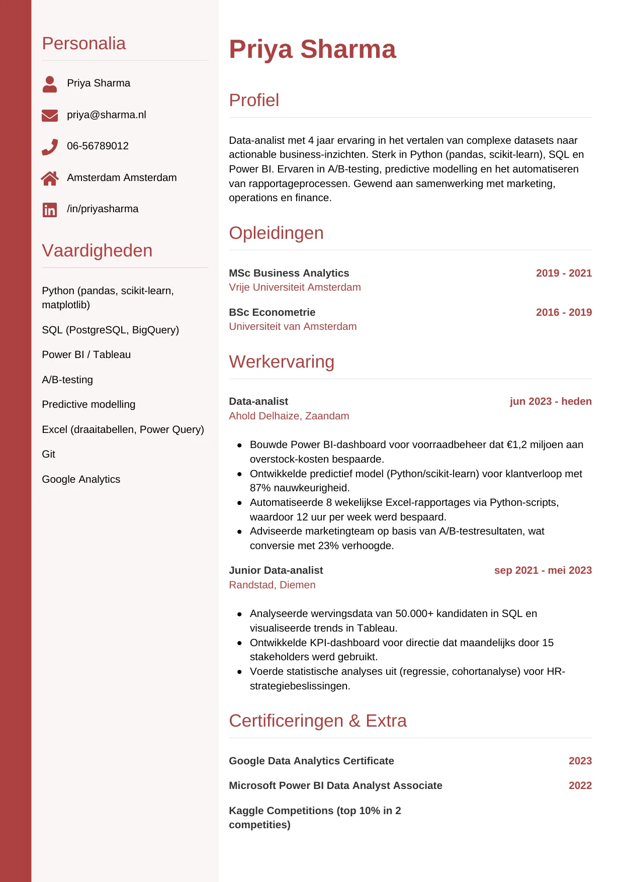 Voorbeeld CV voor data-analist in template Verticaal. CV Verticaal voor data-analist