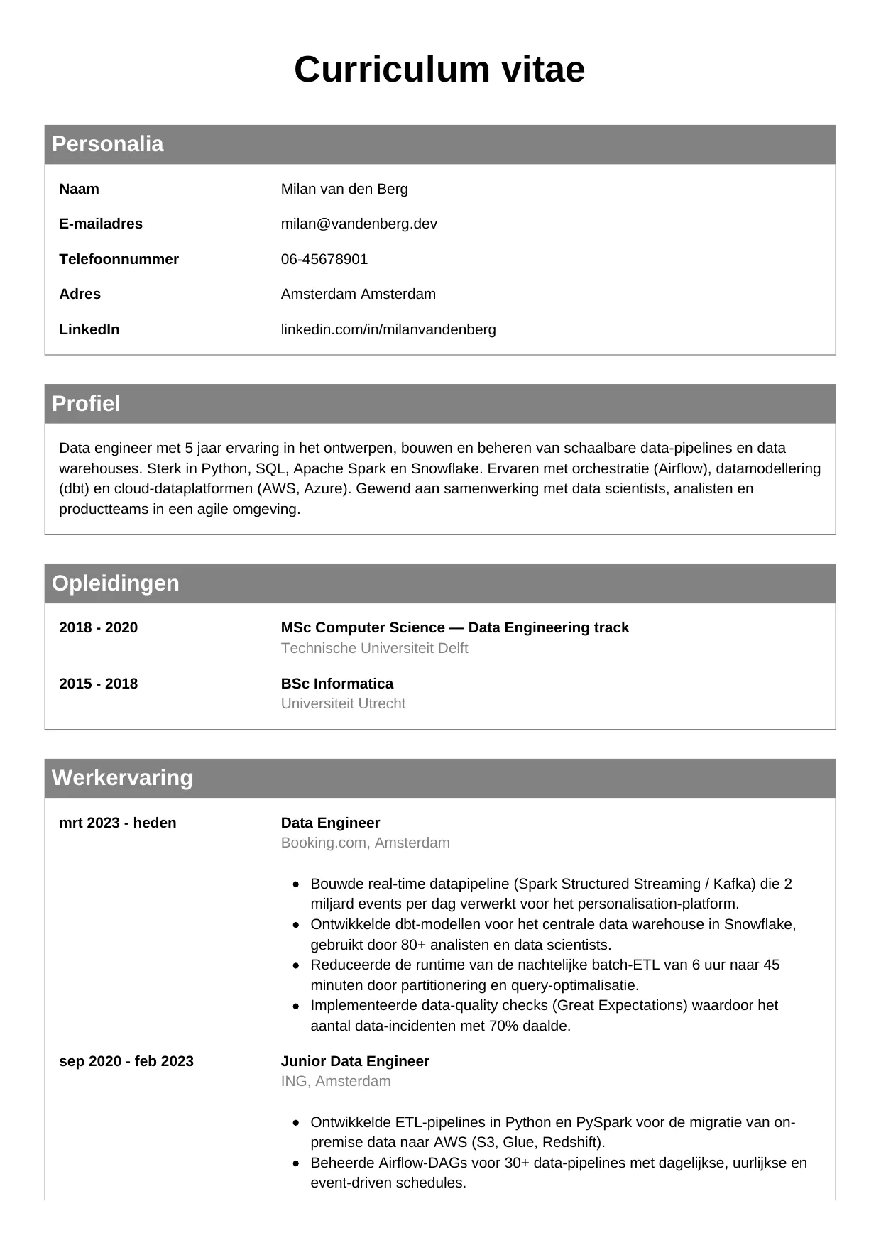 CV Klassiek voor data engineer