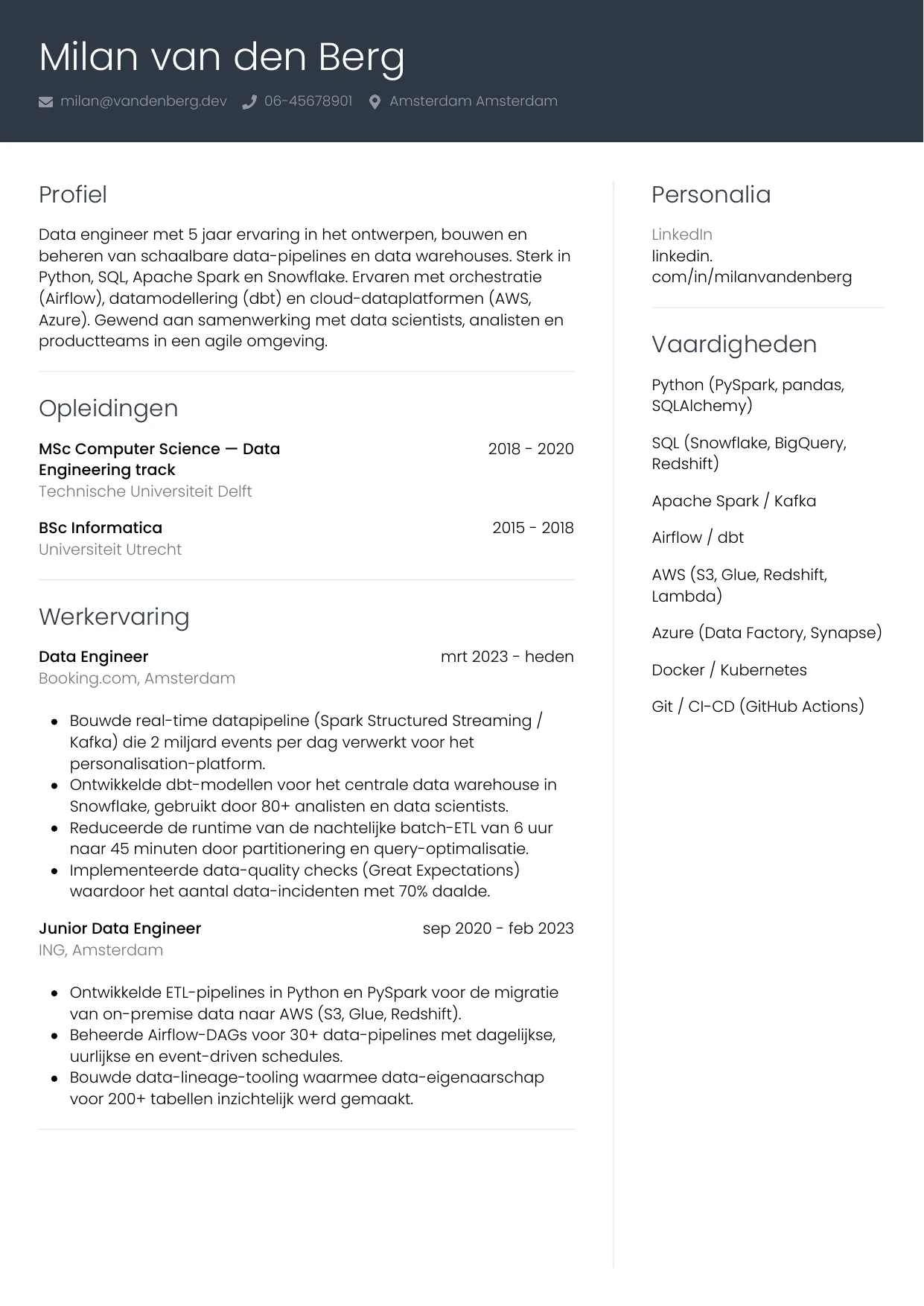 CV Professioneel voor data engineer