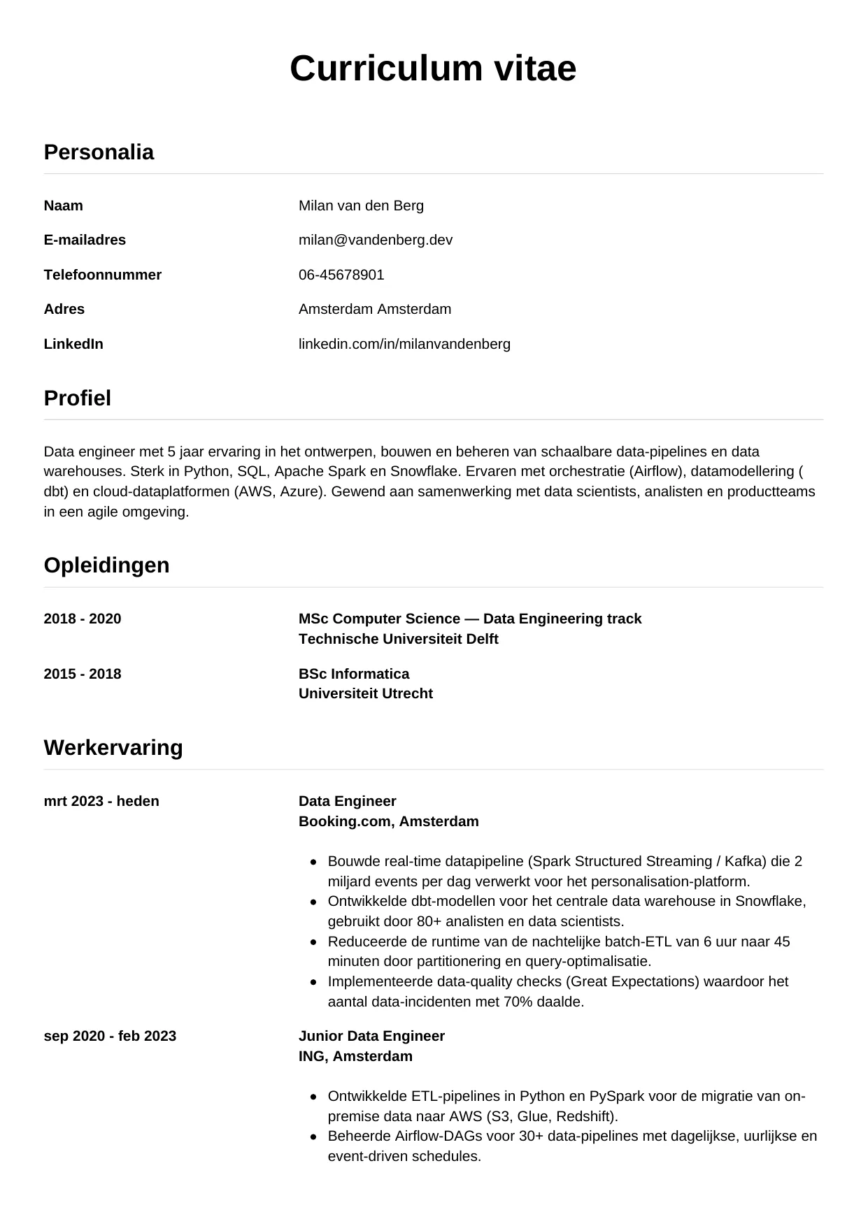 CV Simpel voor data engineer