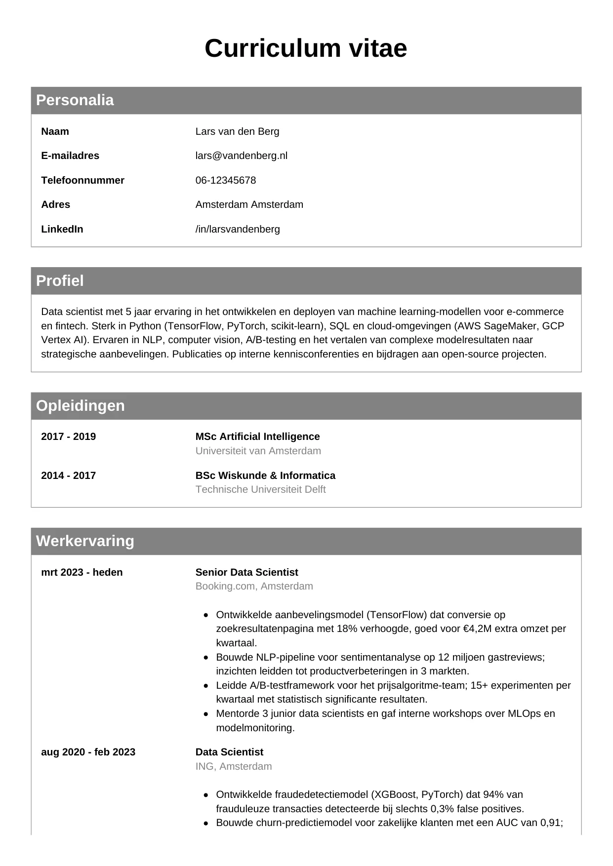 CV Klassiek voor data scientist