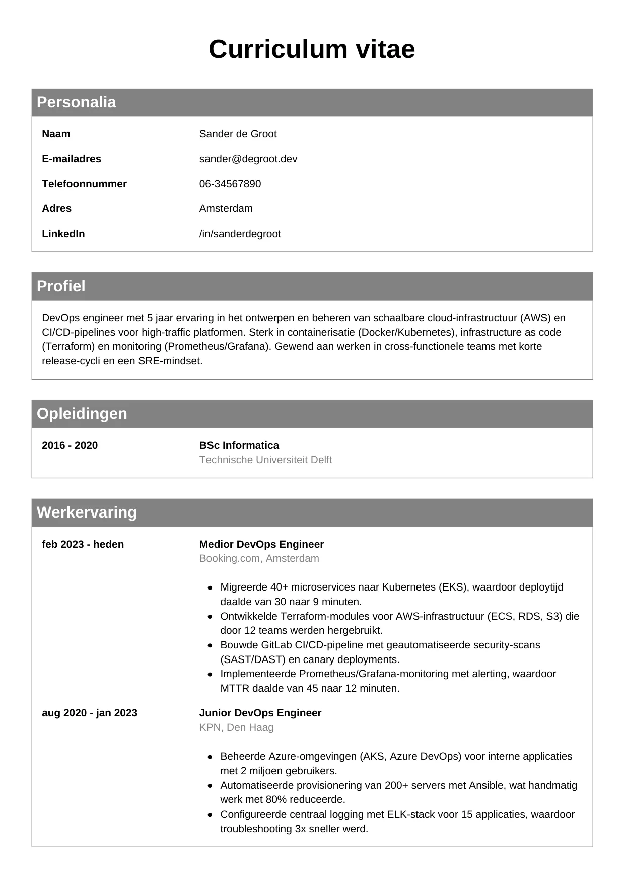 CV Klassiek voor devops engineer
