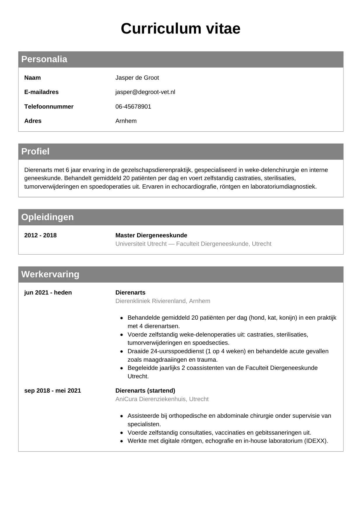 CV Klassiek voor dierenarts