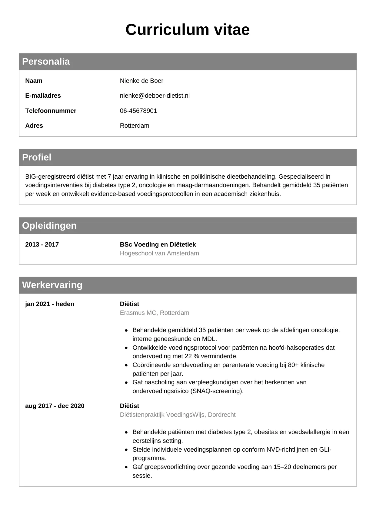 CV Klassiek voor diëtist