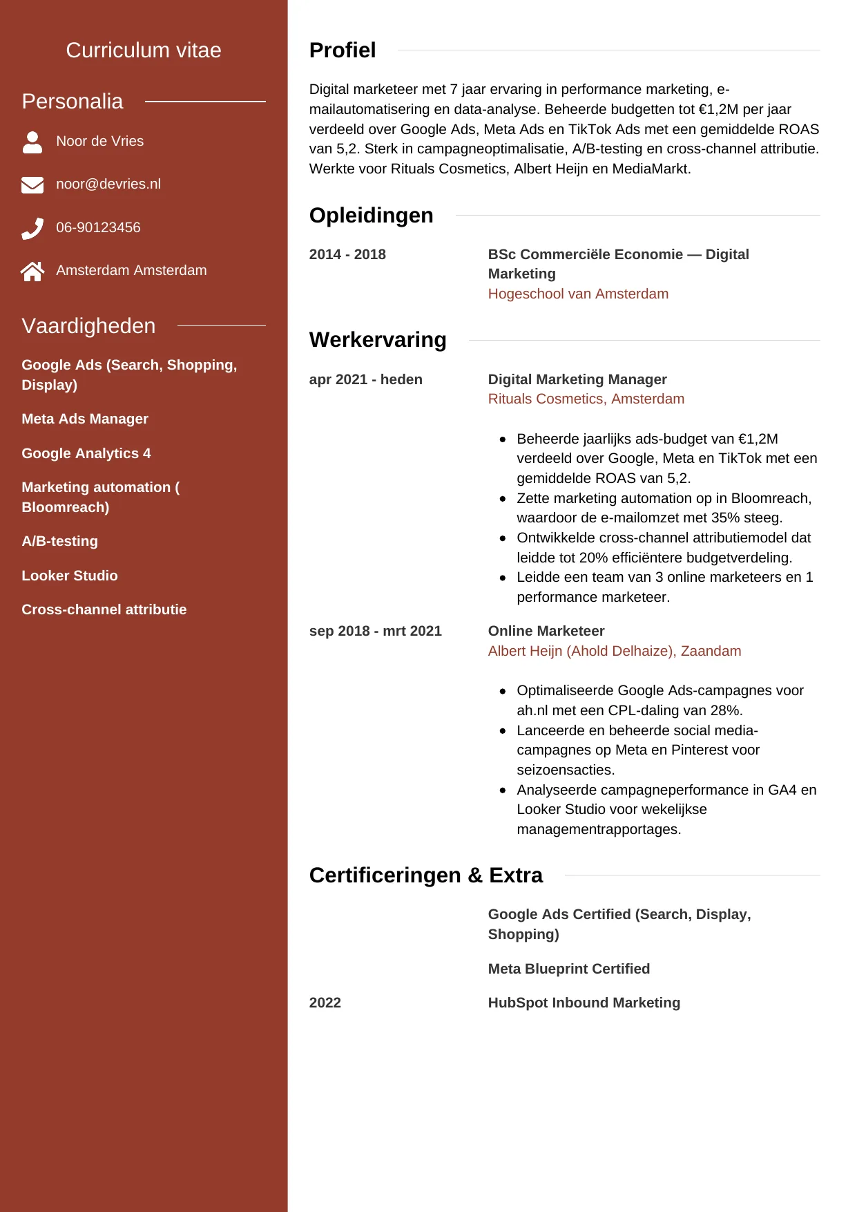 CV Modern voor digital marketeer