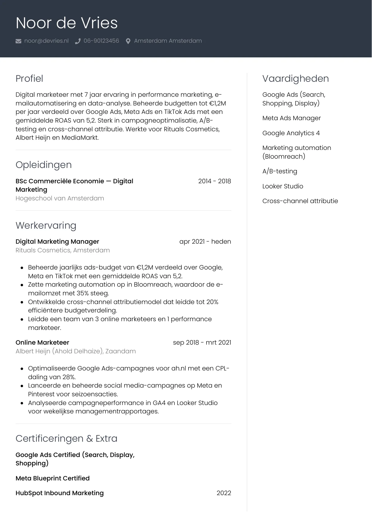 CV Professioneel voor digital marketeer