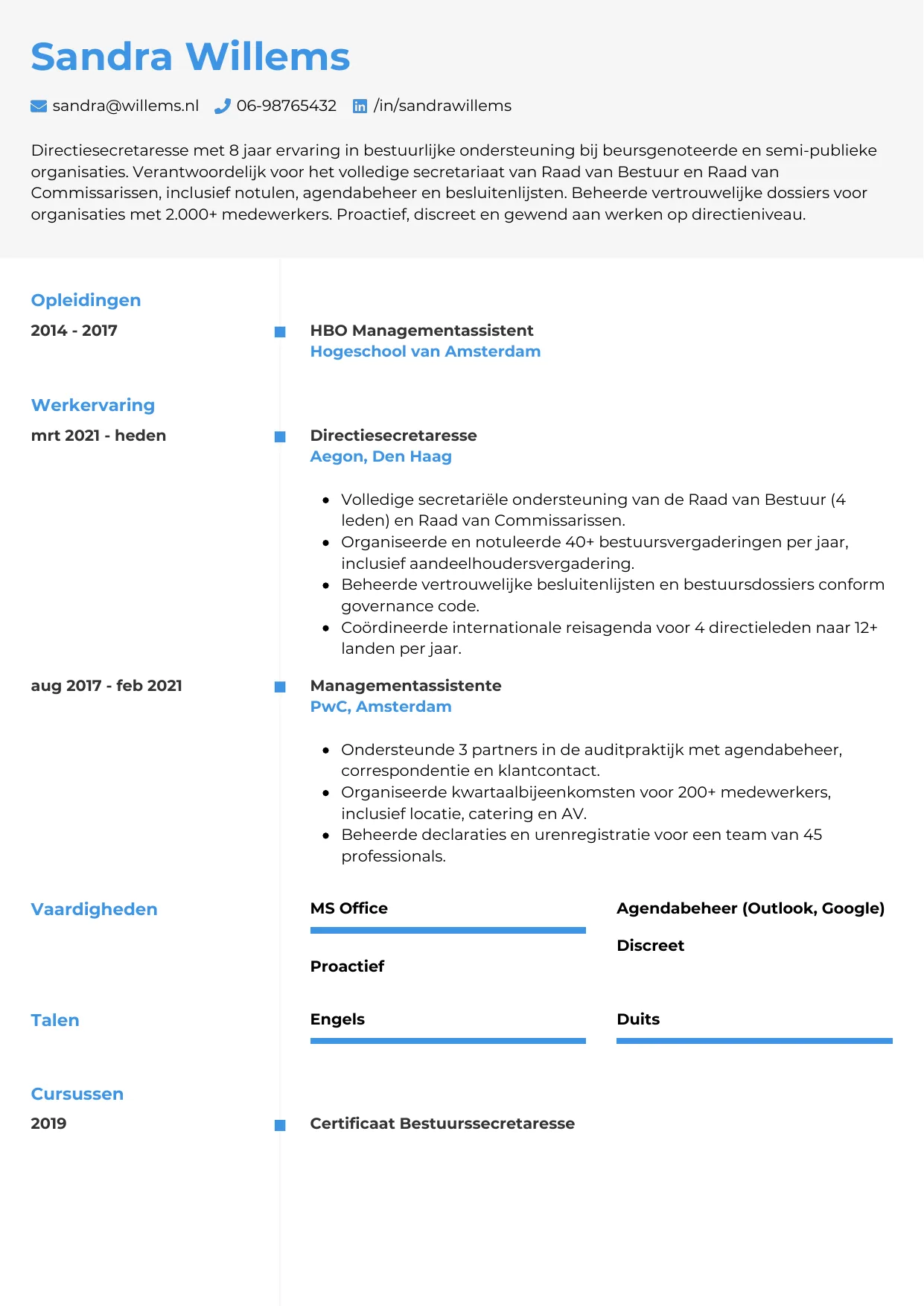 CV Chrono voor directiesecretaresse