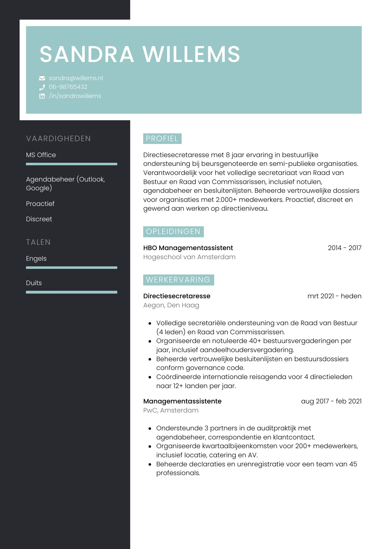 CV Elegant voor directiesecretaresse