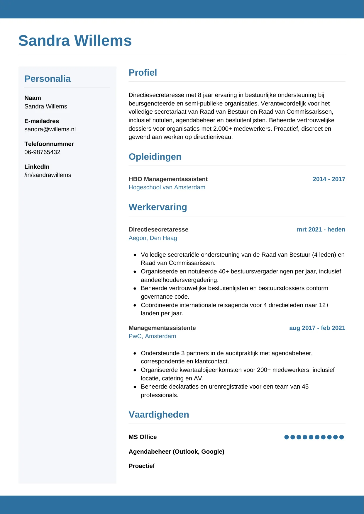 CV Horizontaal voor directiesecretaresse