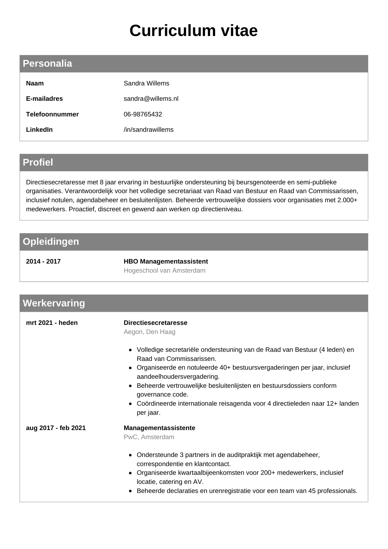CV Klassiek voor directiesecretaresse