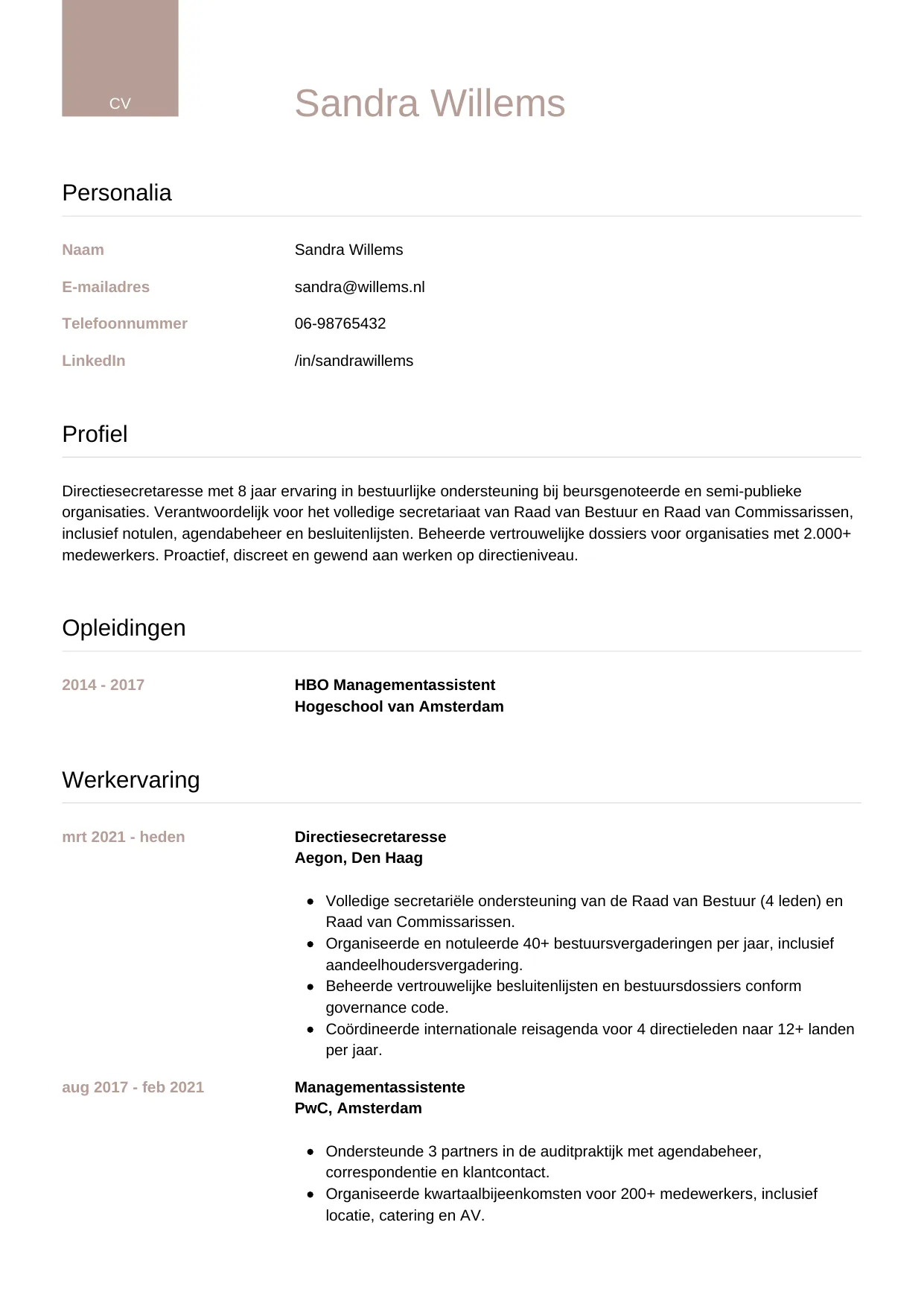 CV Luxe voor directiesecretaresse