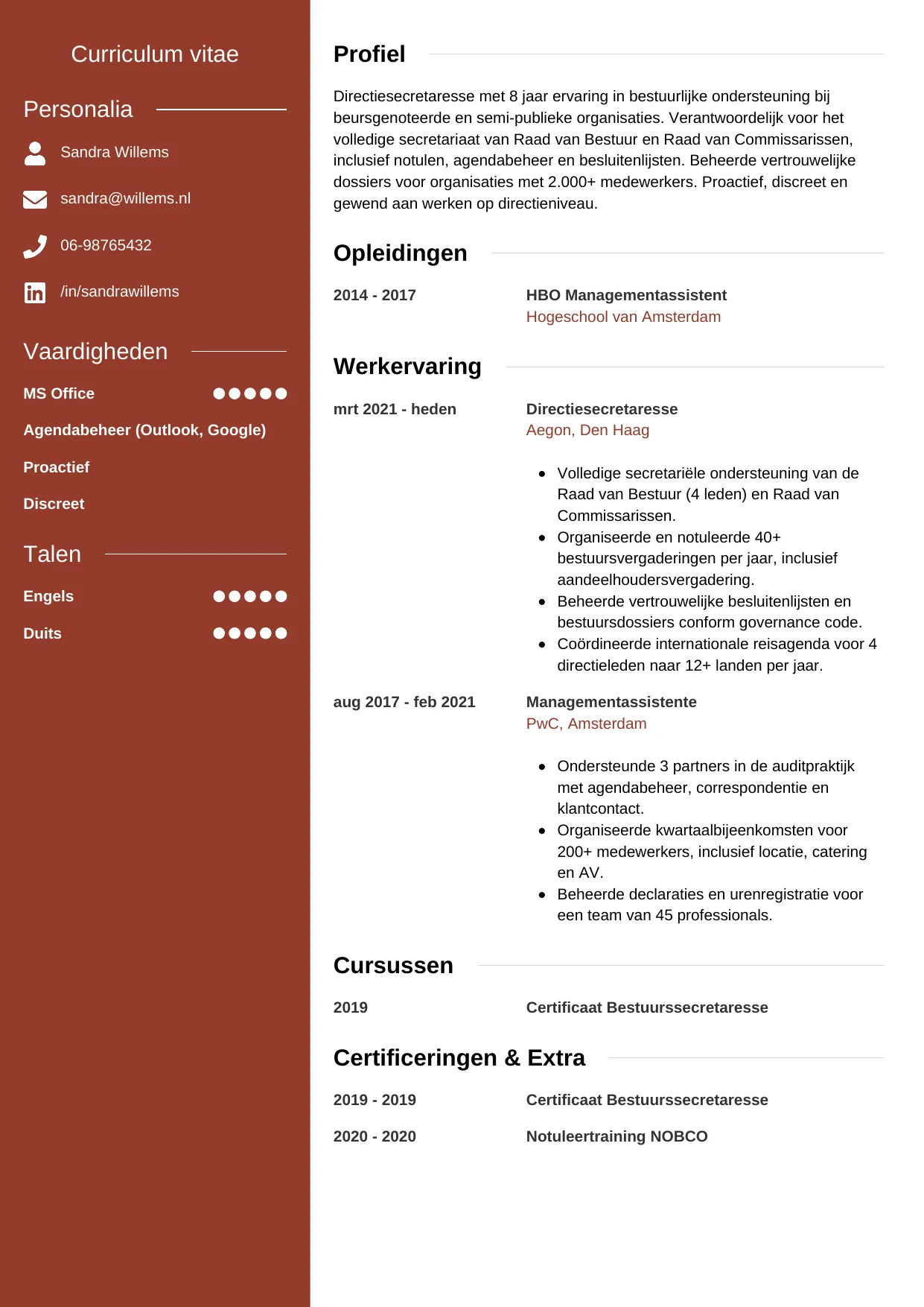 CV Modern voor directiesecretaresse