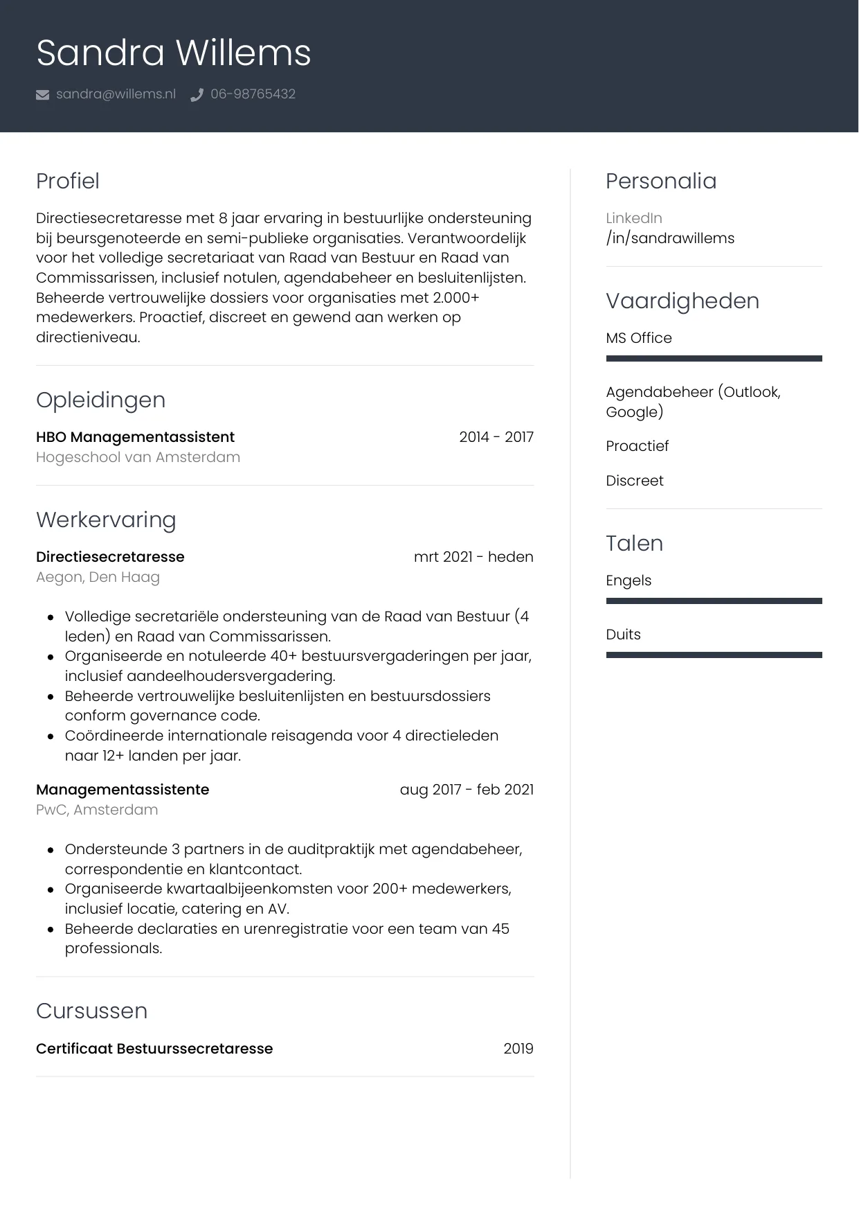 CV Professioneel voor directiesecretaresse
