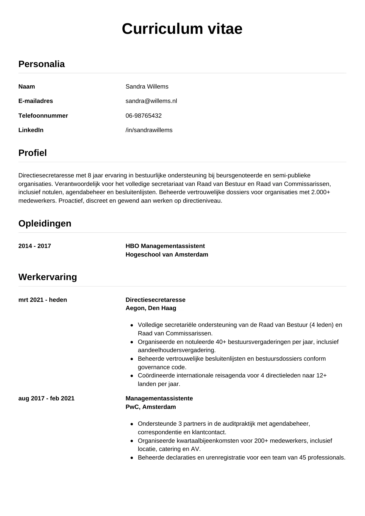 CV Simpel voor directiesecretaresse