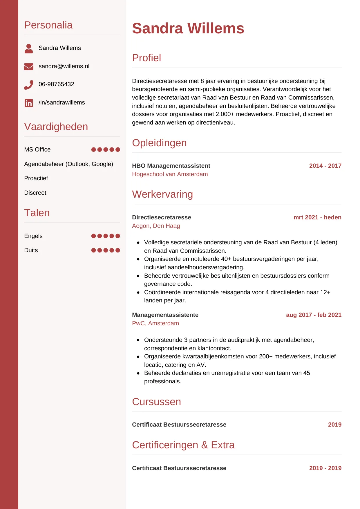 CV Verticaal voor directiesecretaresse