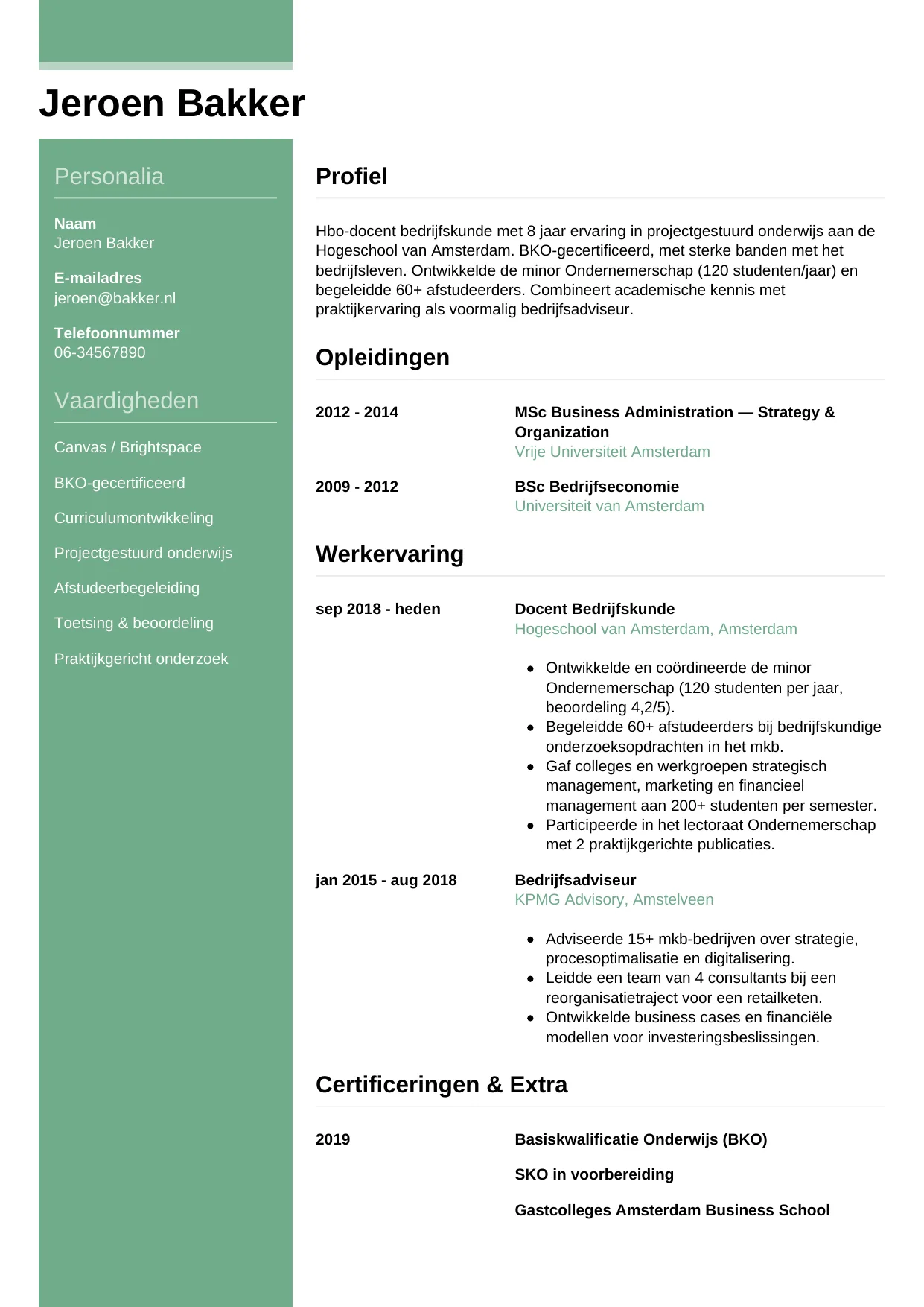 Voorbeeld CV voor docent hbo in template Casual. CV Casual voor docent hbo