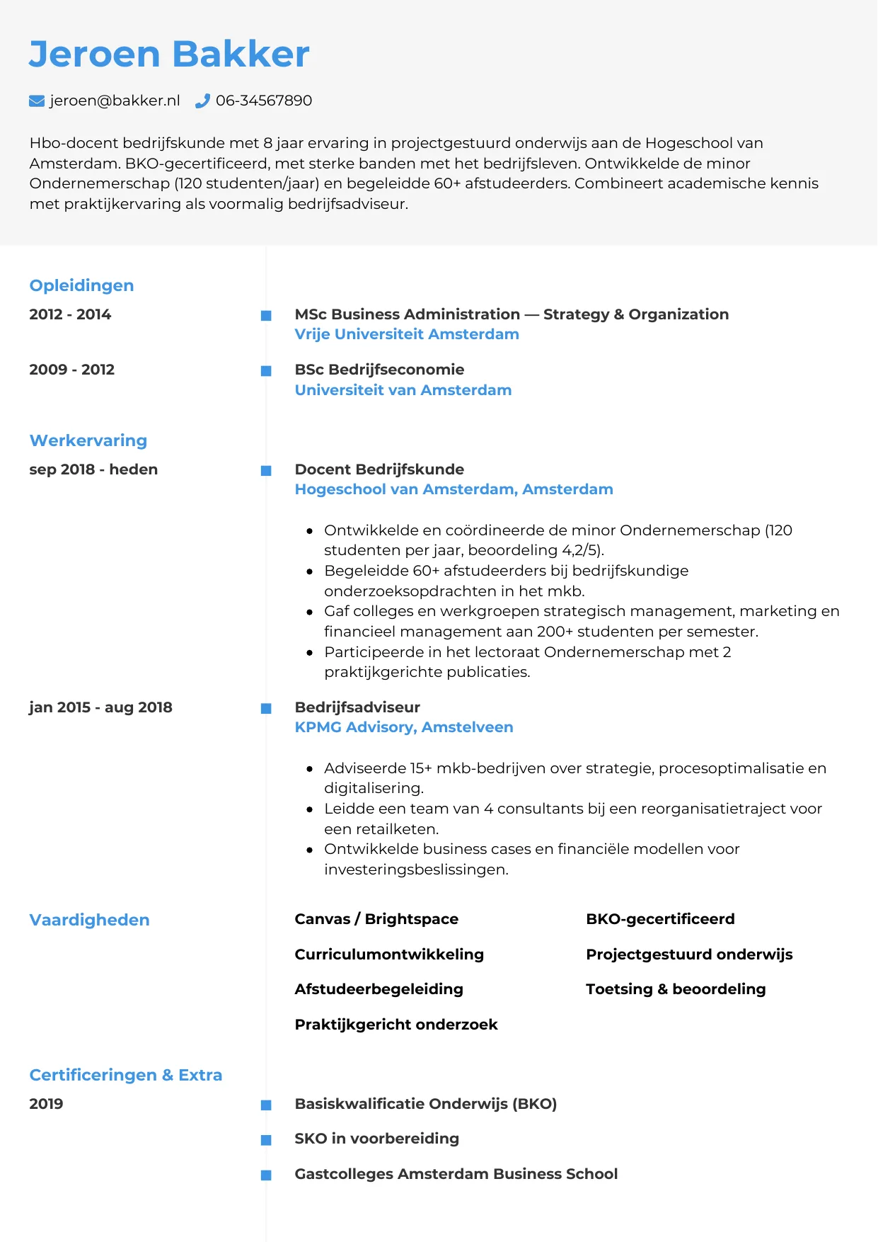 Voorbeeld CV voor docent hbo in template Chrono. CV Chrono voor docent hbo