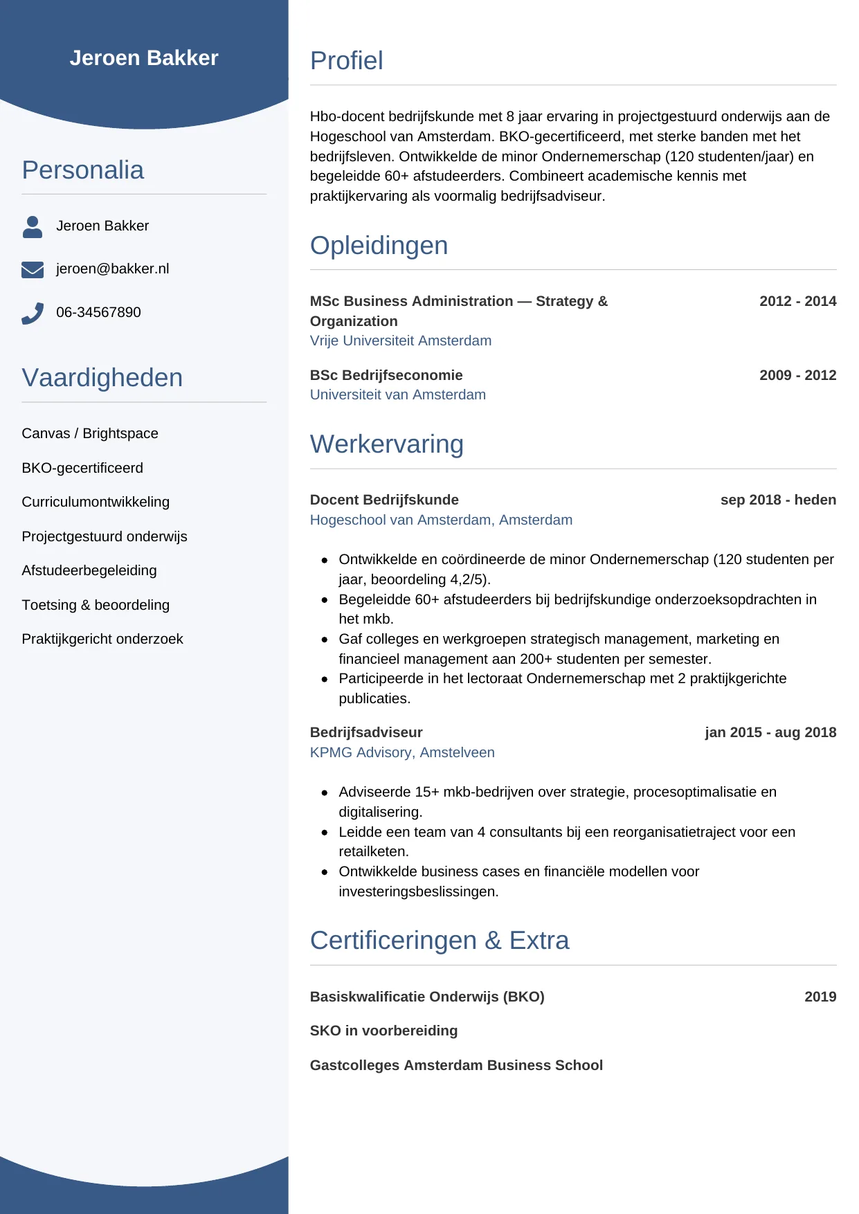 Voorbeeld CV voor docent hbo in template Circulair. CV Circulair voor docent hbo