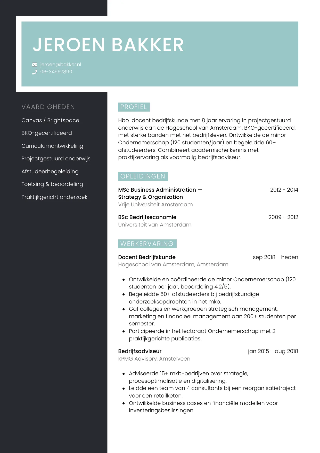 Voorbeeld CV voor docent hbo in template Elegant. CV Elegant voor docent hbo
