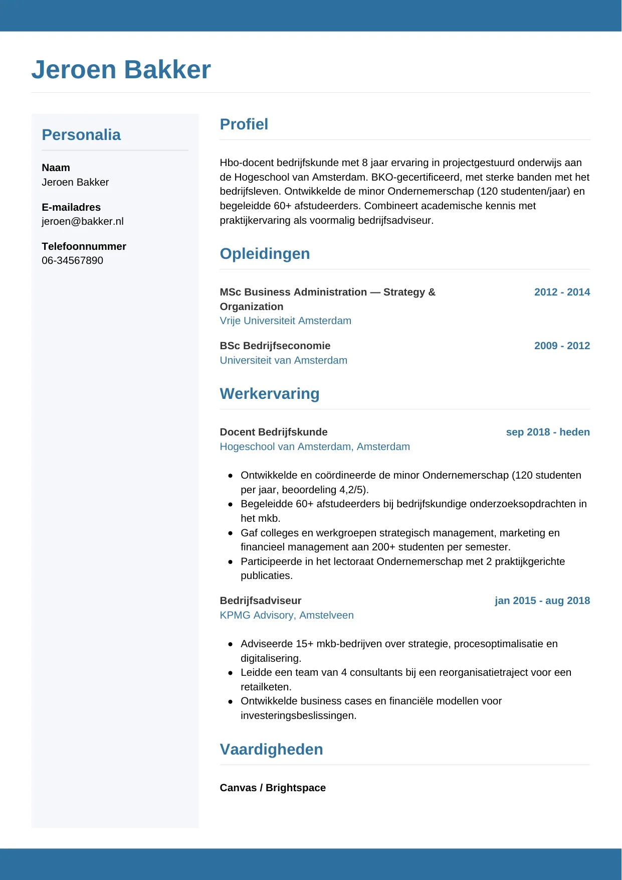 Voorbeeld CV voor docent hbo in template Horizontaal. CV Horizontaal voor docent hbo
