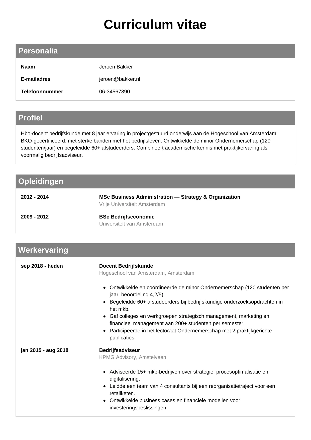 Voorbeeld CV voor docent hbo in template Klassiek. CV Klassiek voor docent hbo