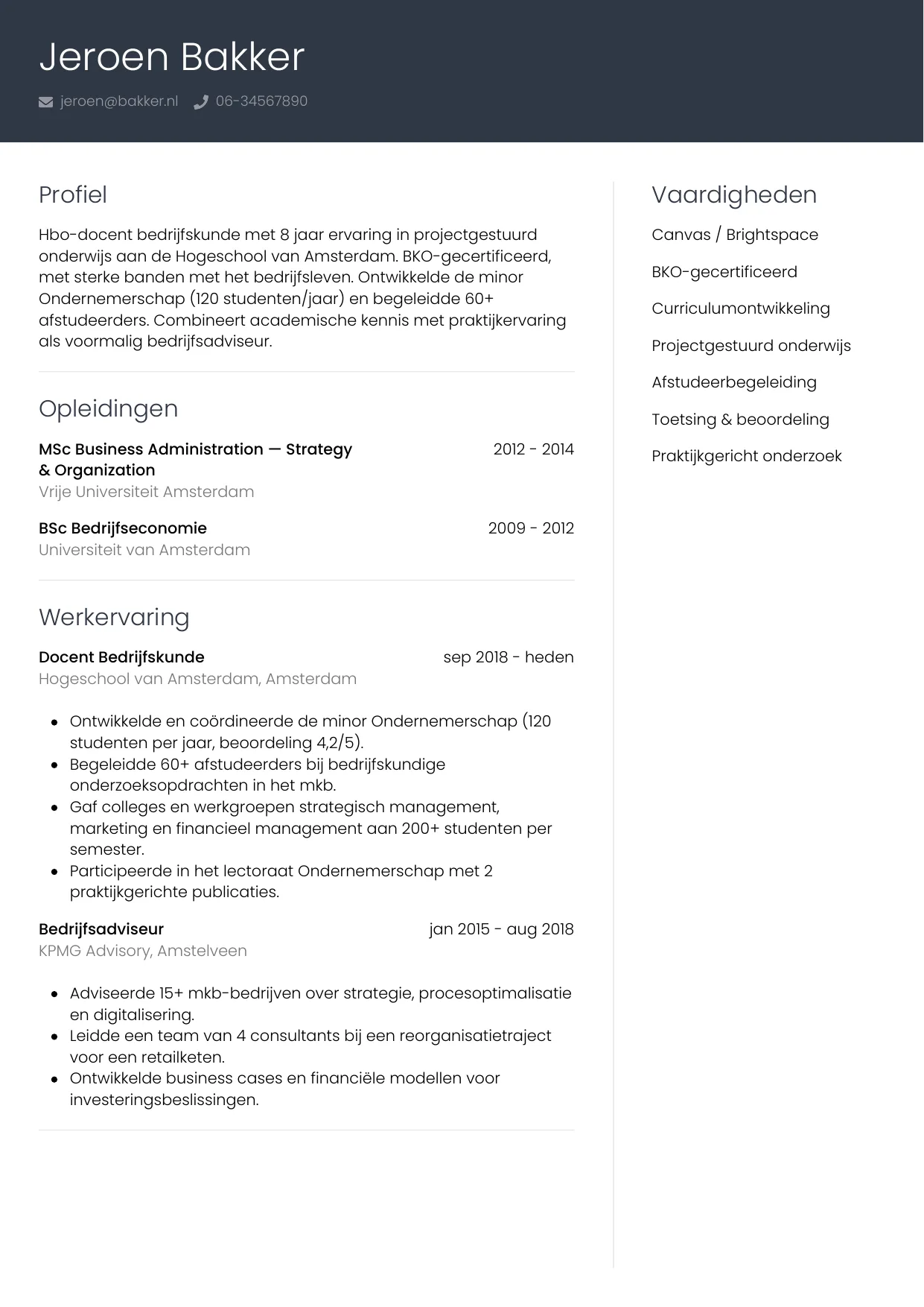 Voorbeeld CV voor docent hbo in template Professioneel. CV Professioneel voor docent hbo