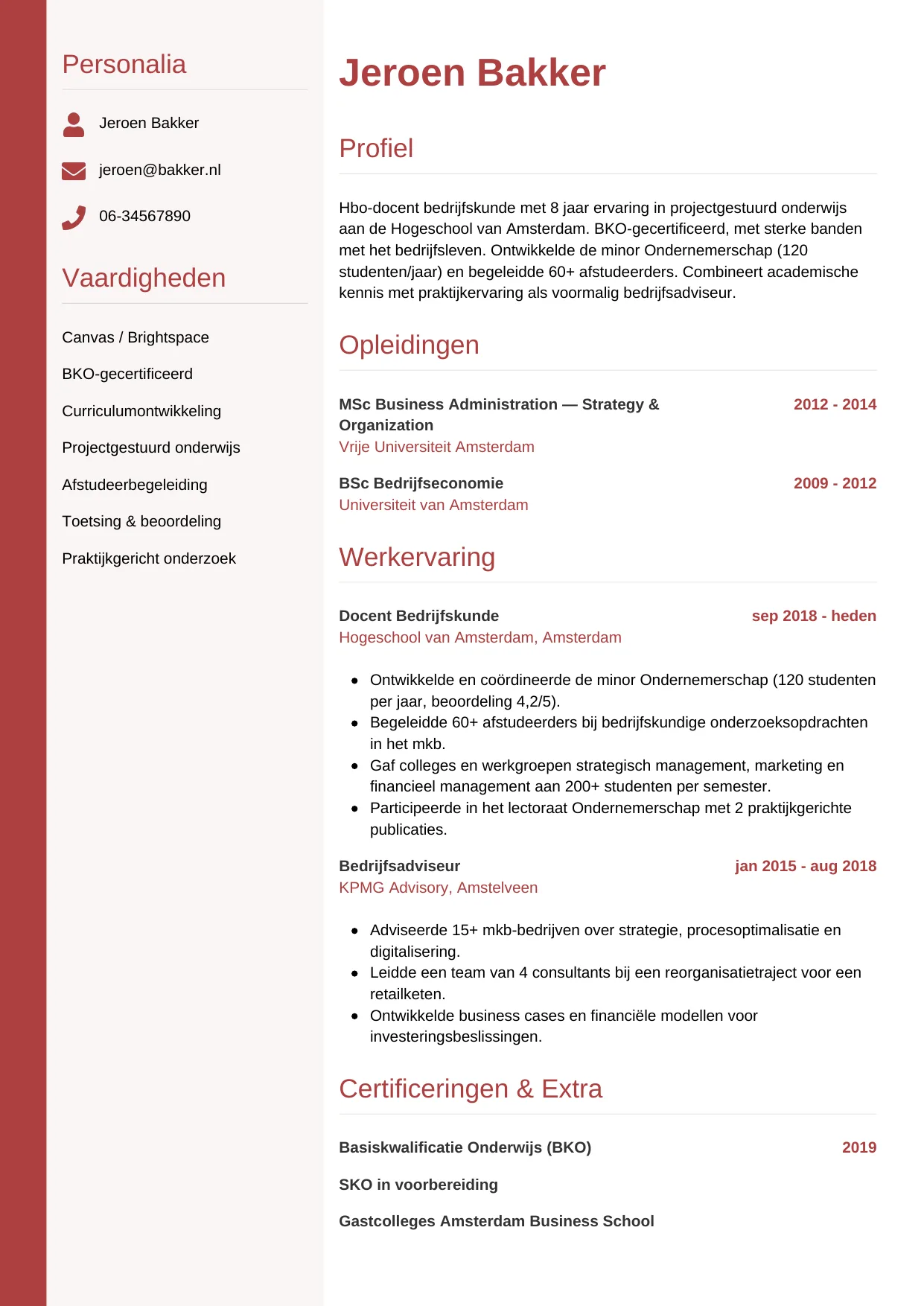 Voorbeeld CV voor docent hbo in template Verticaal. CV Verticaal voor docent hbo