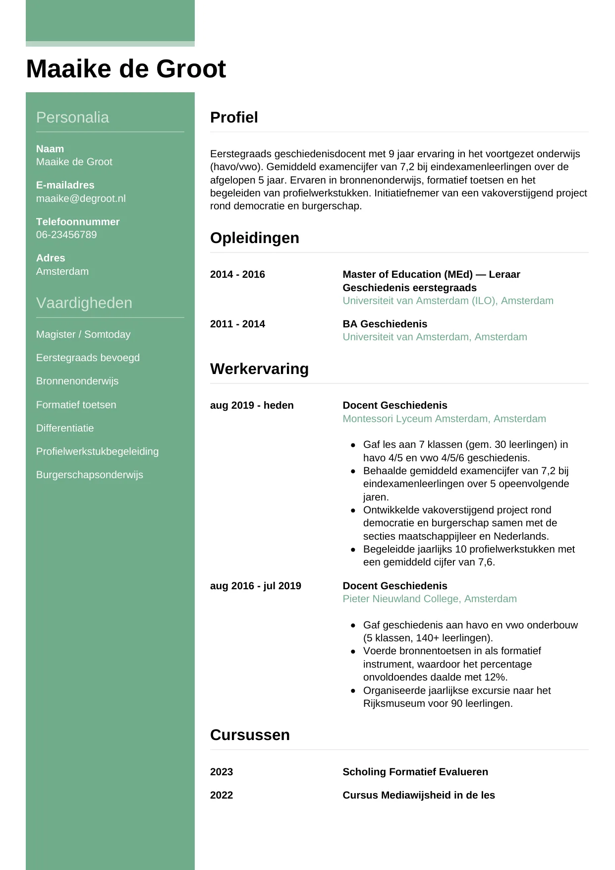 Voorbeeld CV voor docent voortgezet onderwijs in template Casual. CV Casual voor docent voortgezet onderwijs