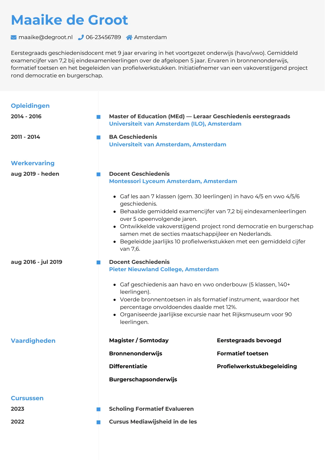 Voorbeeld CV voor docent voortgezet onderwijs in template Chrono. CV Chrono voor docent voortgezet onderwijs