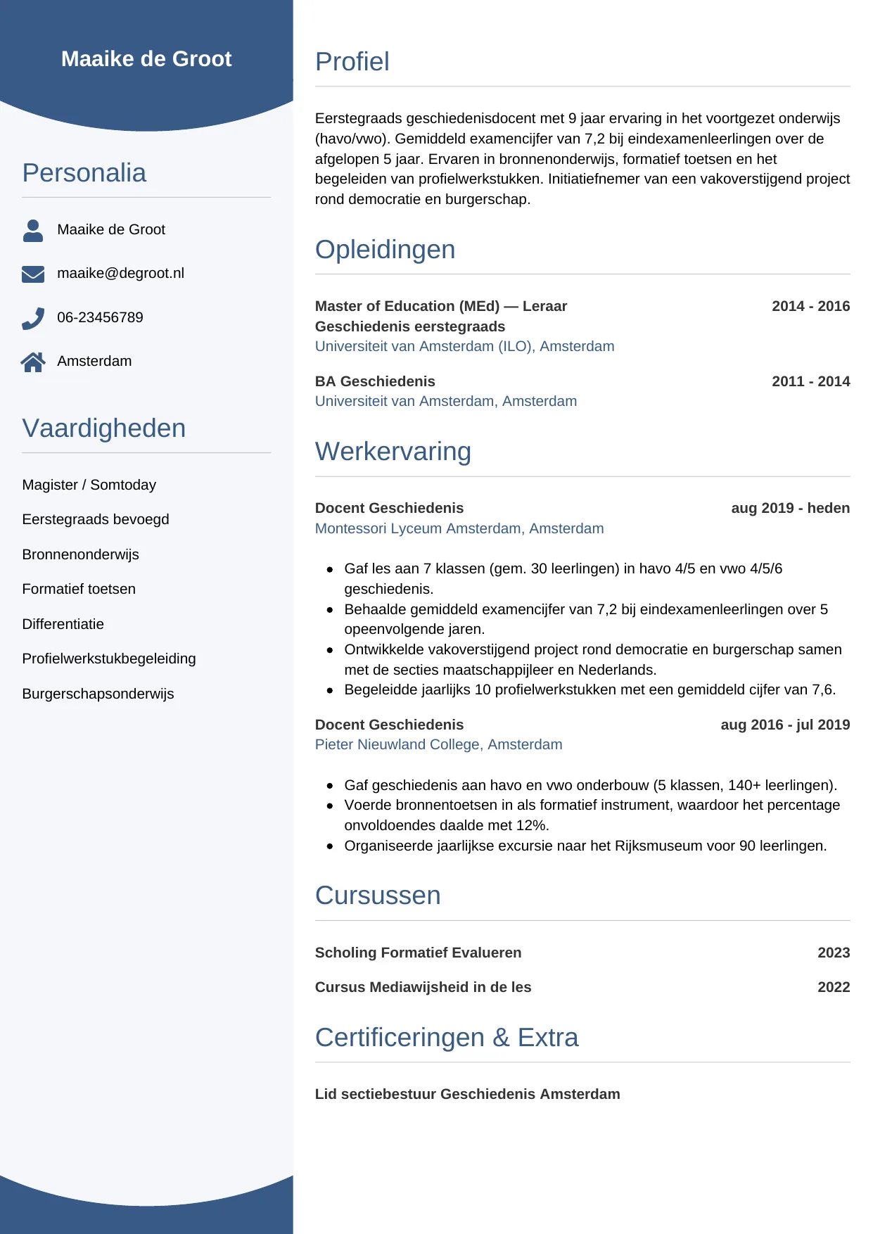 Voorbeeld CV voor docent voortgezet onderwijs in template Circulair. CV Circulair voor docent voortgezet onderwijs