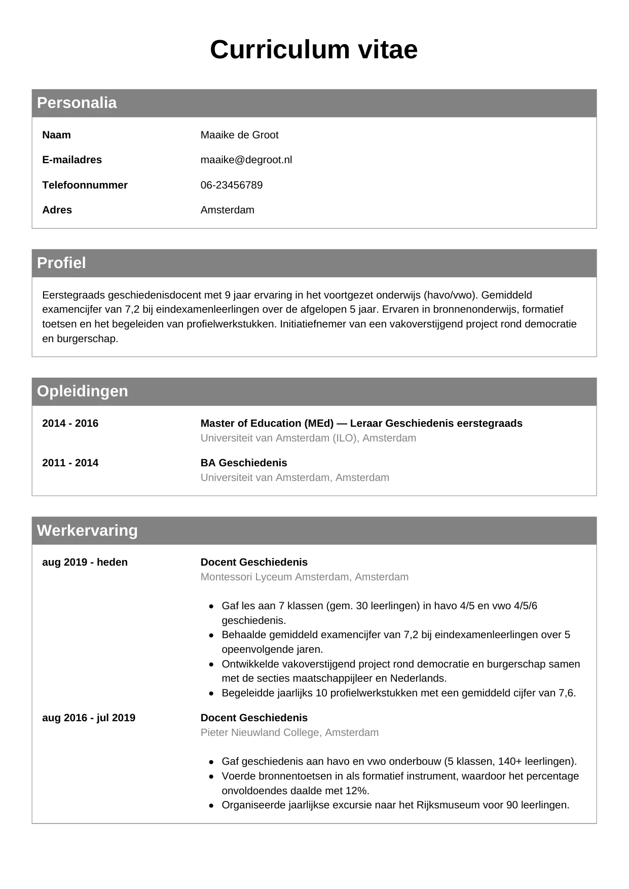 Voorbeeld CV voor docent voortgezet onderwijs in template Klassiek. CV Klassiek voor docent voortgezet onderwijs