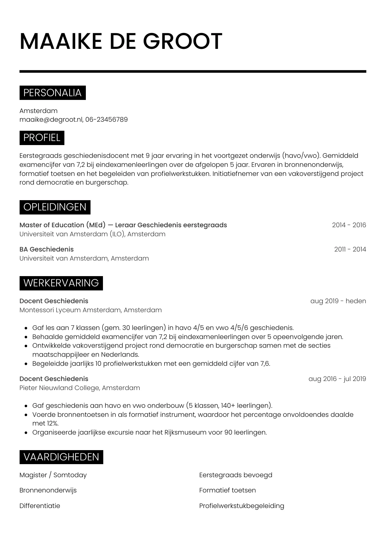 Voorbeeld CV voor docent voortgezet onderwijs in template Metro. CV Metro voor docent voortgezet onderwijs