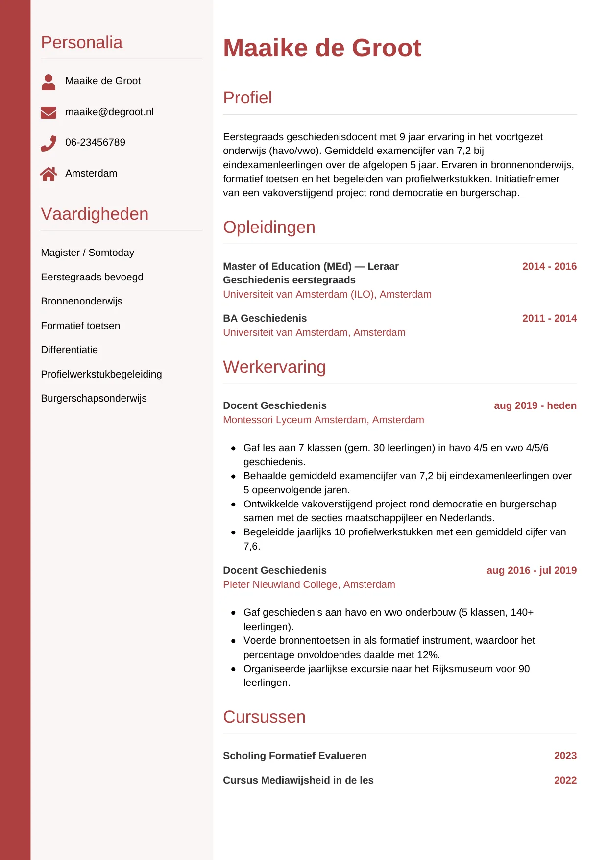 Voorbeeld CV voor docent voortgezet onderwijs in template Verticaal. CV Verticaal voor docent voortgezet onderwijs