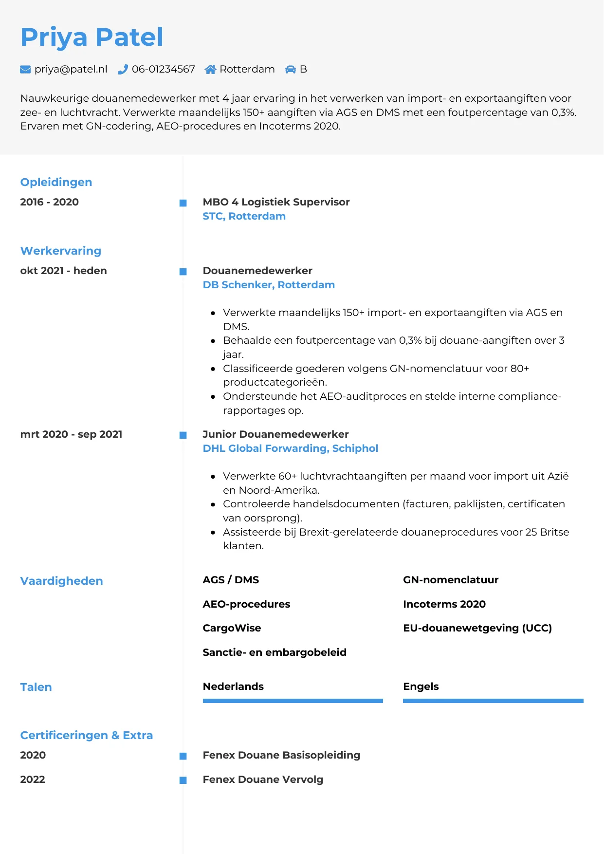 CV Chrono voor douanemedewerker