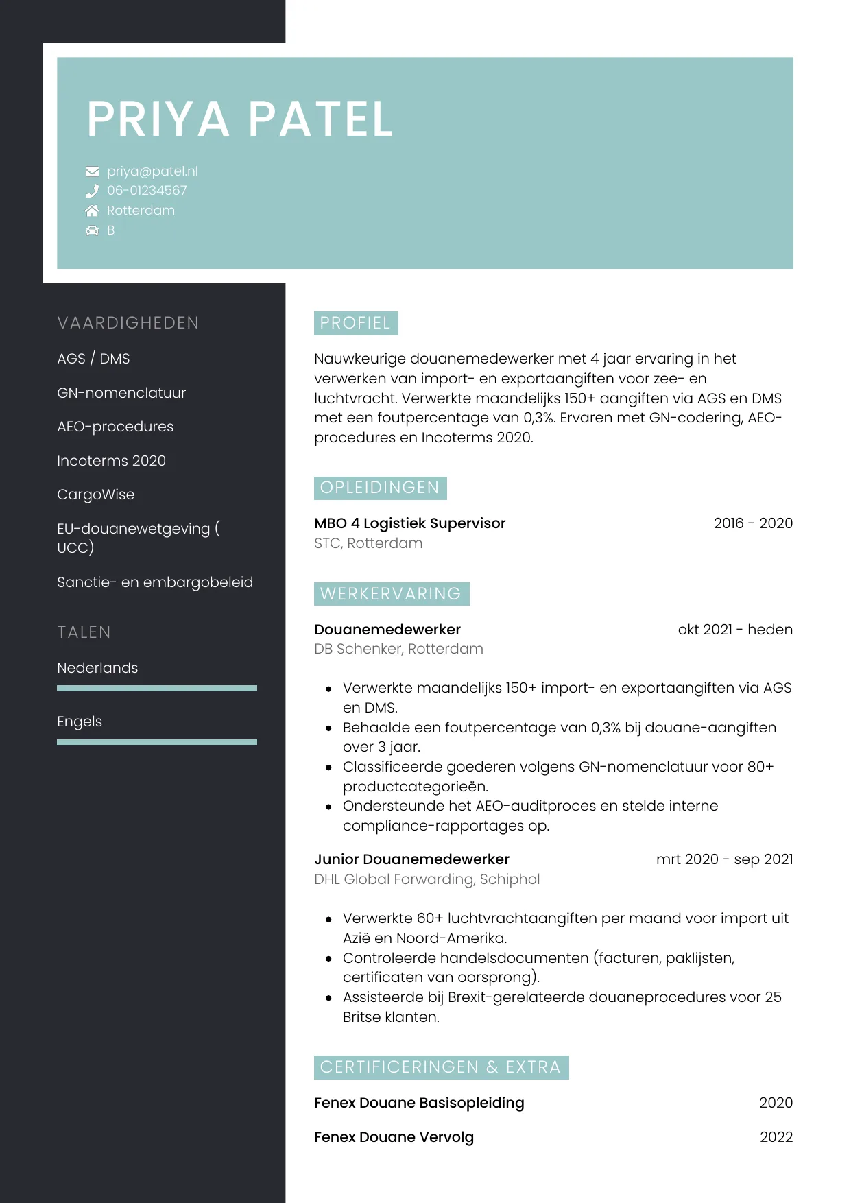 CV Elegant voor douanemedewerker