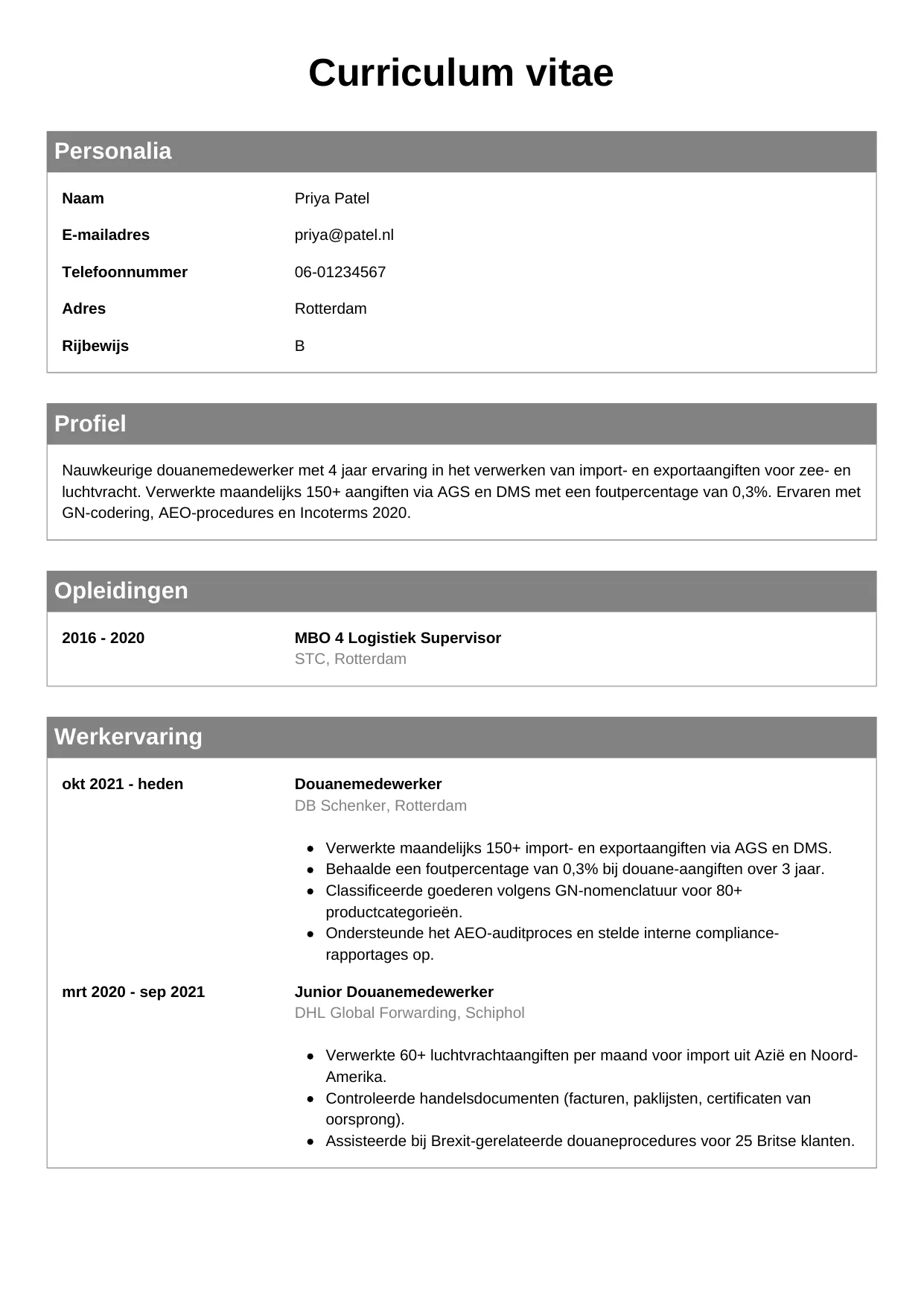 CV Klassiek voor douanemedewerker
