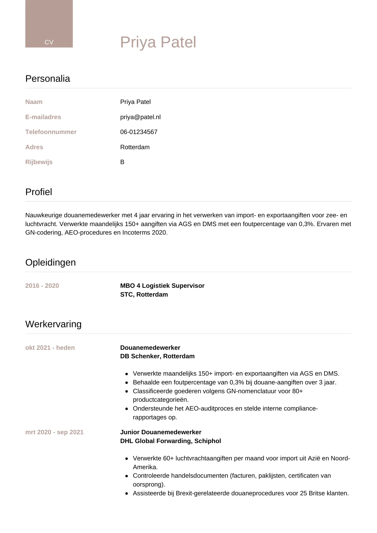 CV Luxe voor douanemedewerker