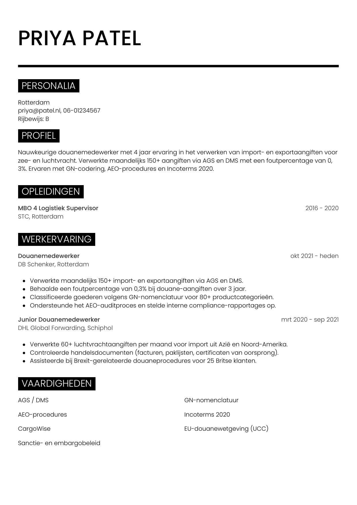 CV Metro voor douanemedewerker