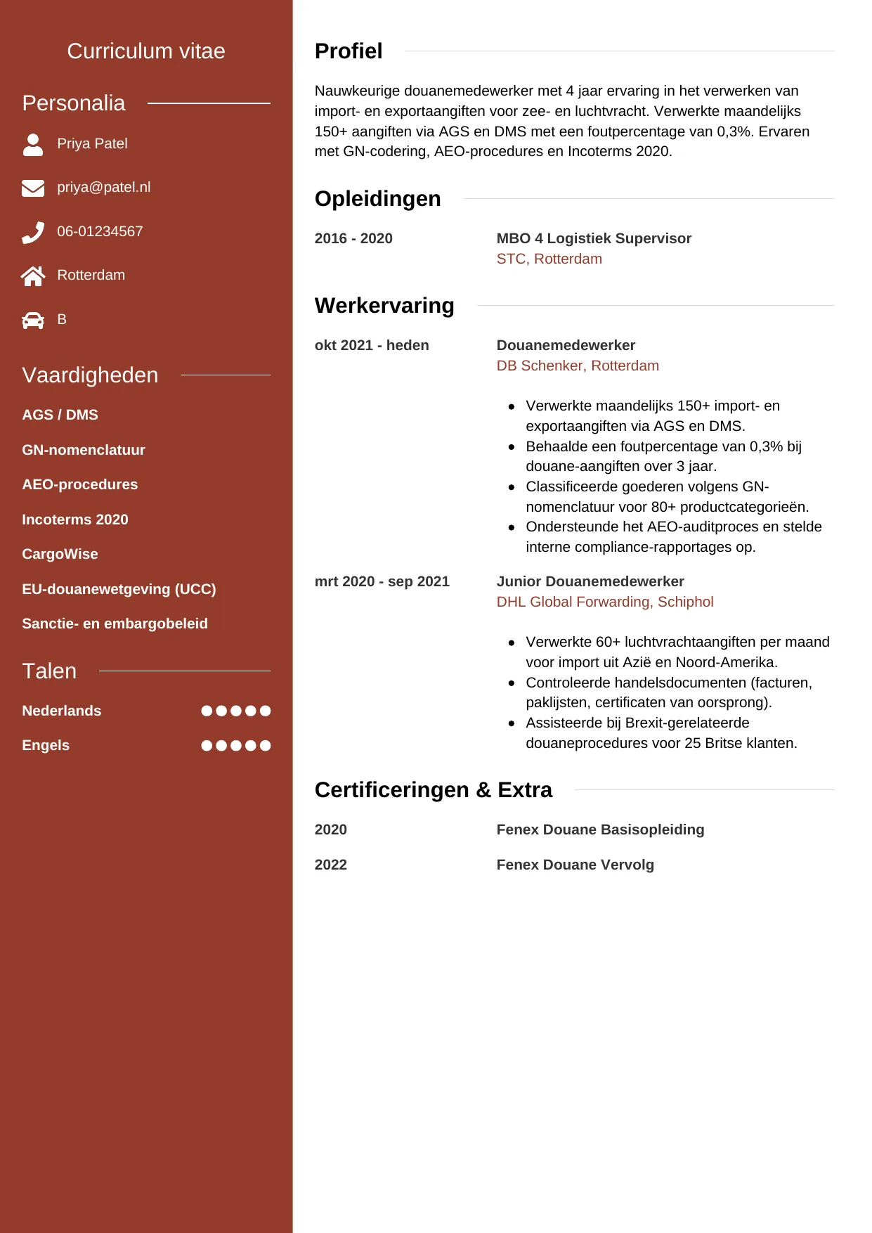 CV Modern voor douanemedewerker