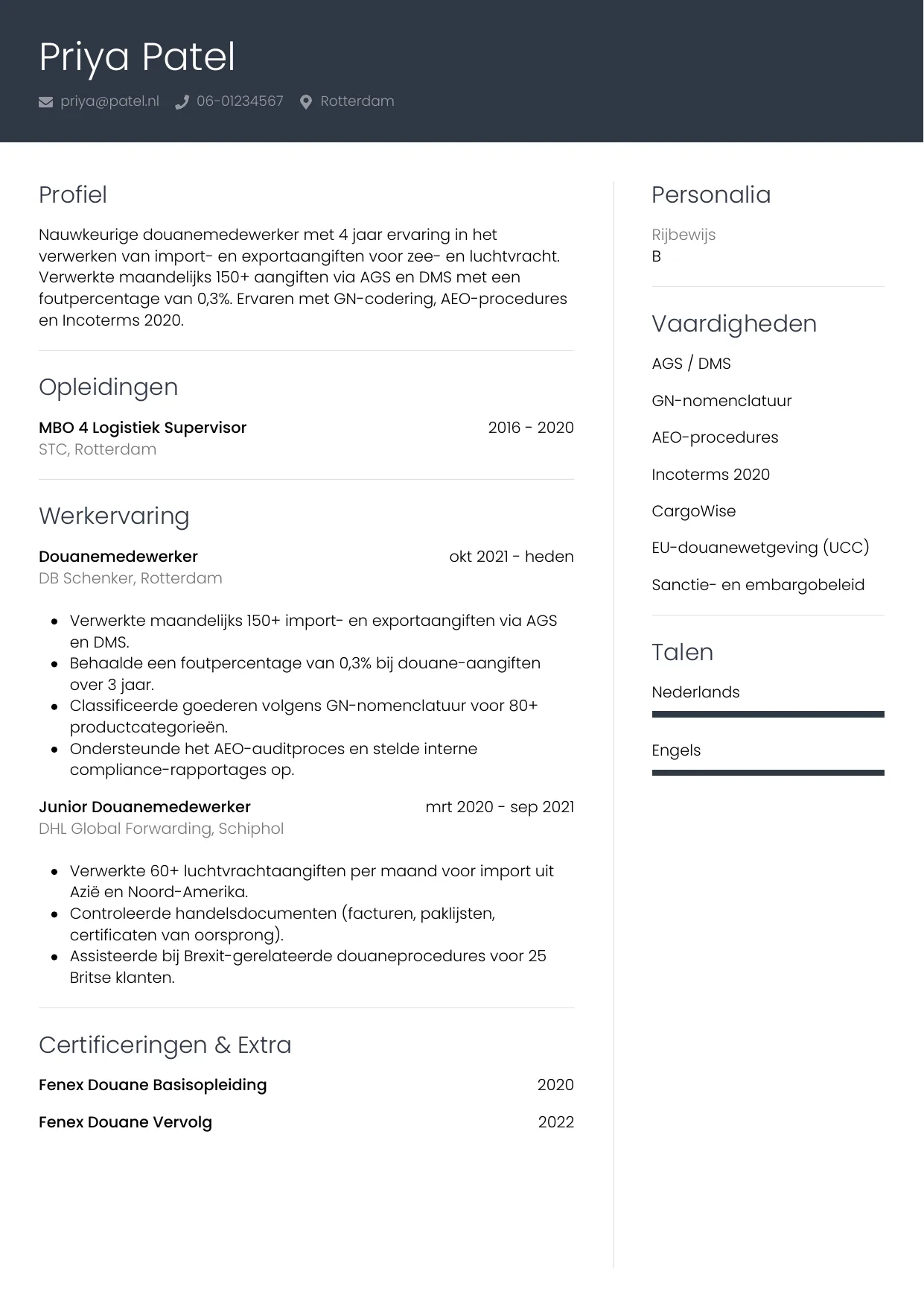 CV Professioneel voor douanemedewerker
